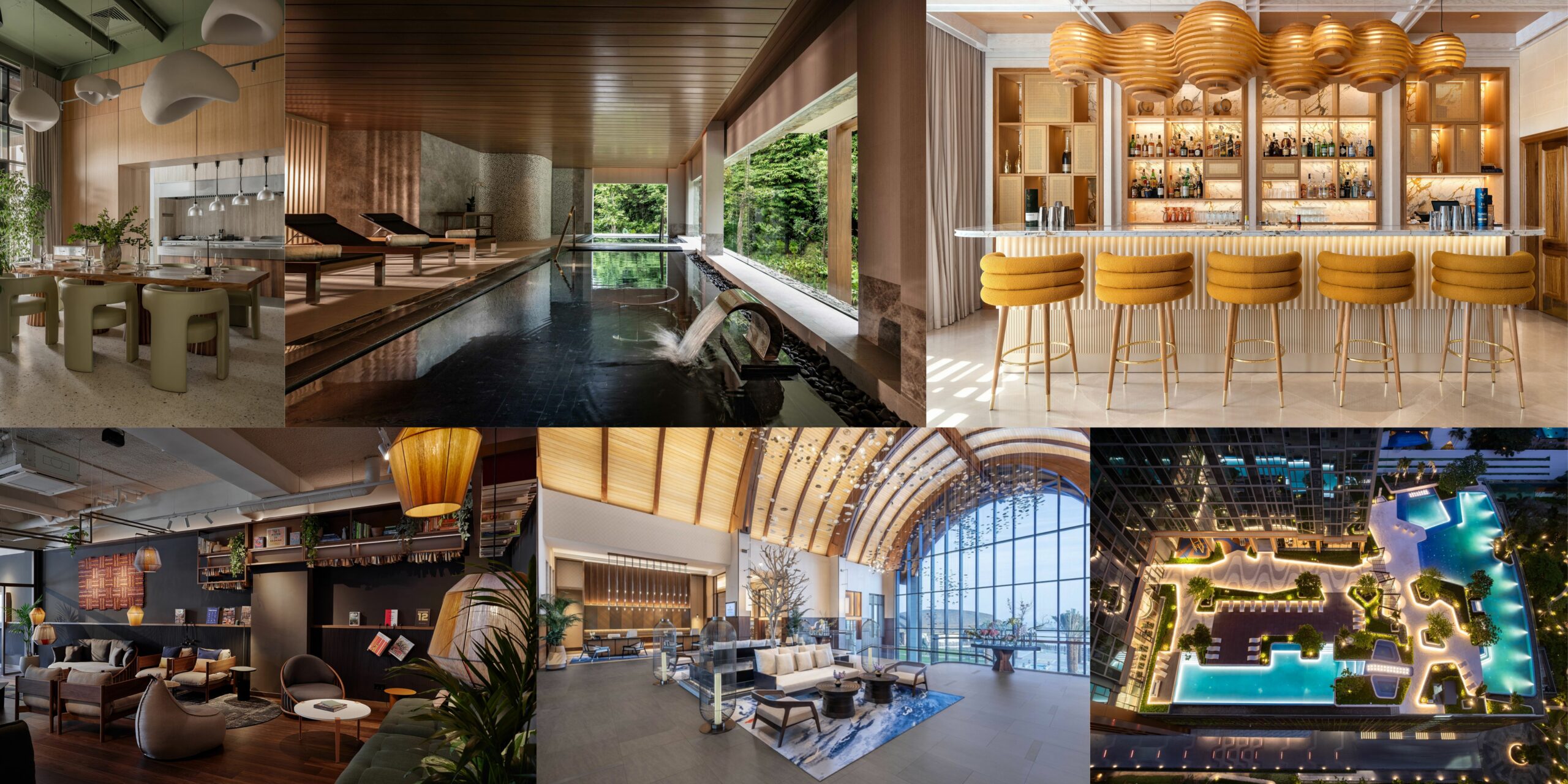 Photo credit from upper left: FOREST, Studio 40. Photo: Natalia Gorbunova. Layan Life by Anantara, Tierra Design. Kempinski Hotel San Lawrenz Malta, Living Design of Sweden AB. The Usual Rotterdam, JOI-Design IAD joehnk + partner mbB. Photo: Nina Struve & Wouter van der Sar. Blending Arabesque Details with Luxury and Nature, Wilson Associates. Photo: Victor Romero. Supalai Icon Sathorn, dwp | design worldwide partnership.