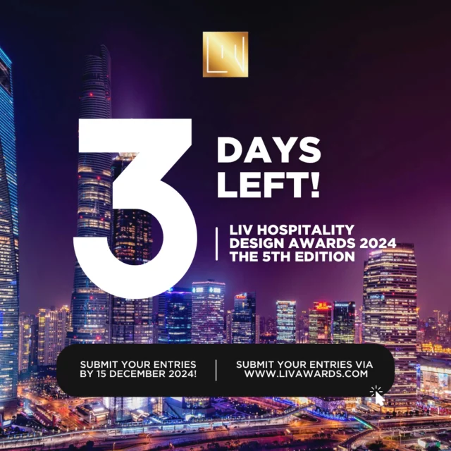 📣 LAST CALL: 3 DAYS LEFT TO SUBMIT YOUR ENTRIES! 📣⁠
⁠
Here’s your last chance to enter your submissions for this year’s LIV Hospitality Design Awards! ⁠
⁠
On top of that, the winning entries will have the unique opportunity to attend the highly anticipated 2025 Awards Ceremony & Gala Dinner in Shanghai, China, where your work will be celebrated and you will take center stage.⁠ 🏆✨🎉⁠
⁠
Submissions close on Sunday, 15 December 2024. Click the link in bio to register today!